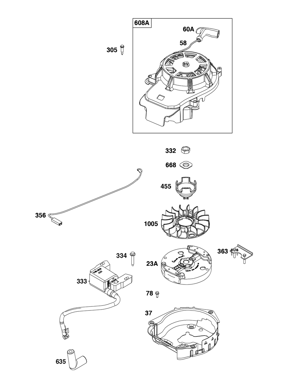 Flywheel, Ignition, And Starter Group Diagram and Parts List for 103M02-0114-F1 100000 - 19Z999 Briggs and Stratton Engine